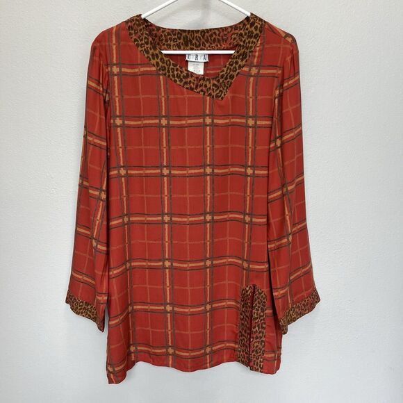 O R A | Ora Vintage Red Plaid Tunic Top Animal Print Trim Medium Off Center Neck - Picture 2 of 5